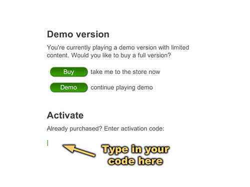 Game activation - code entry screen